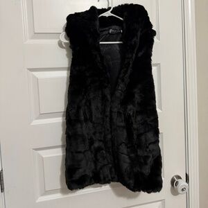 Black faux fur vest with hood